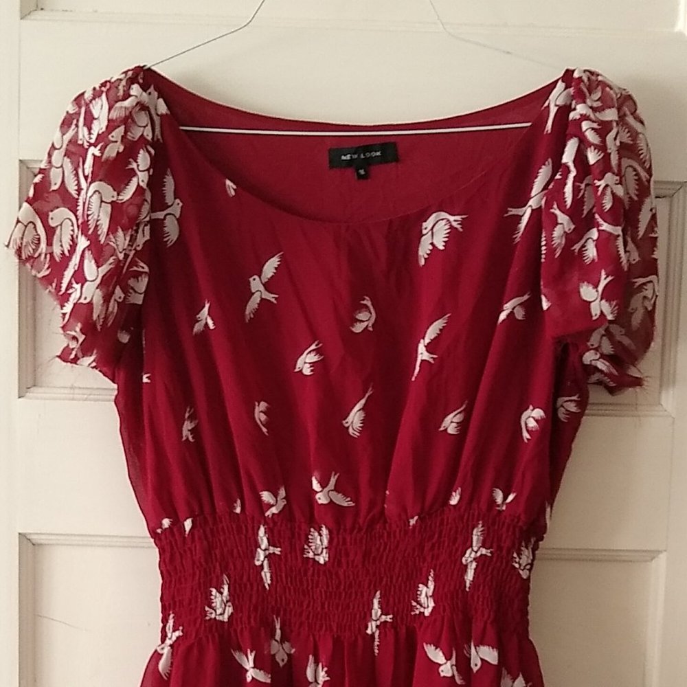 Dark Red Skater Dress with White Bird Print